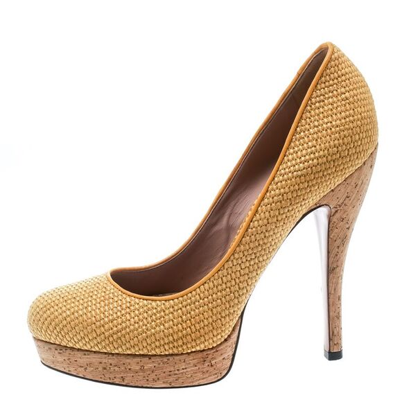Gucci Yellow Woven Jute Bumblebee Cork Platform Pumps Size 37 - Picture 2 of 4